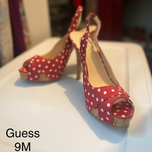 Guess Red Polka Dot Peep Toe Heels - Picture 1 of 1